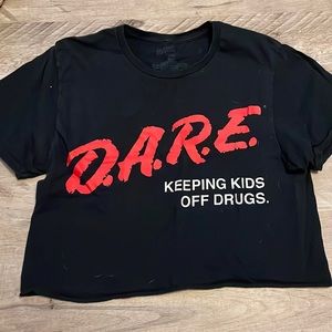 Black and Red Dare cropped tee shirt.